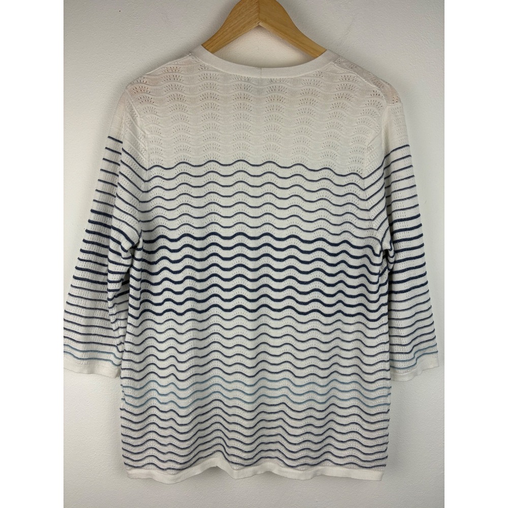 Chico's Open Front Knit Cardigan White Blue Wave Stripe Shimmer 3/4 Sleeve 2 - Picture 6 of 10